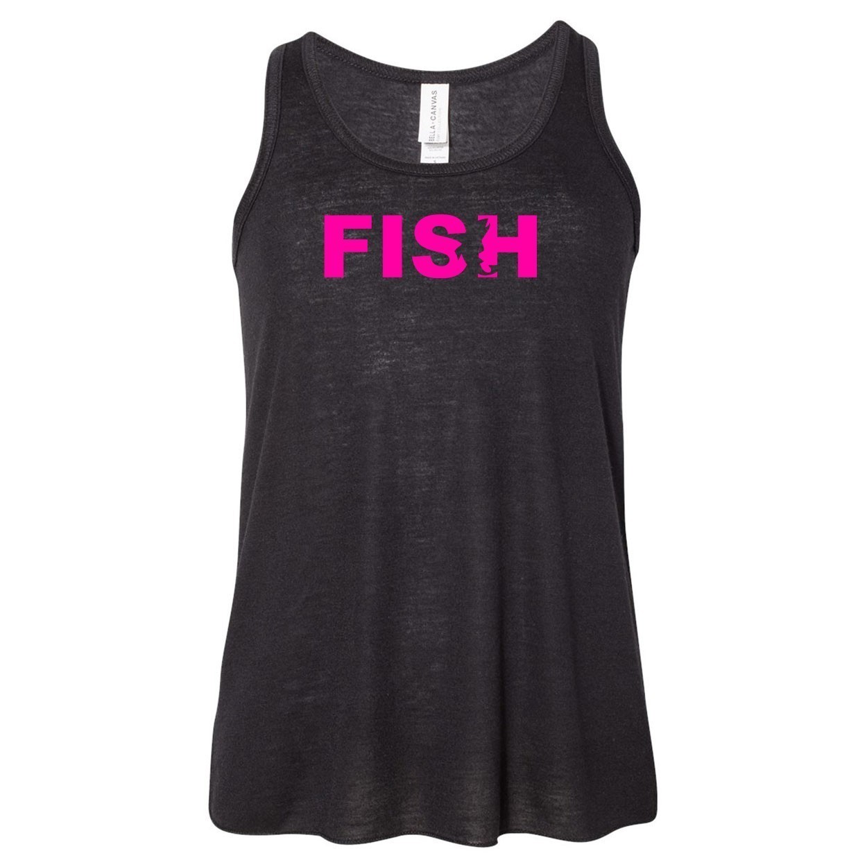 Fish Catch Logo Classic Youth Girls Flowy Racerback Tank Top Black (Pink Logo)