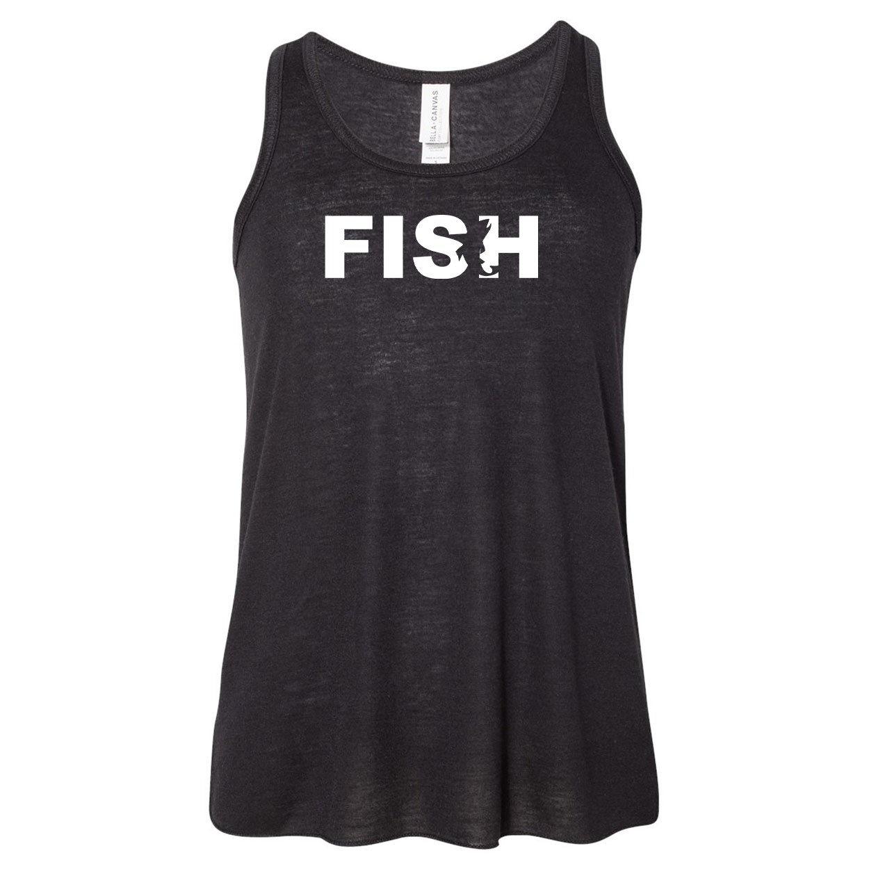 Fish Catch Logo Classic Youth Girls Flowy Racerback Tank Top Black (White Logo)