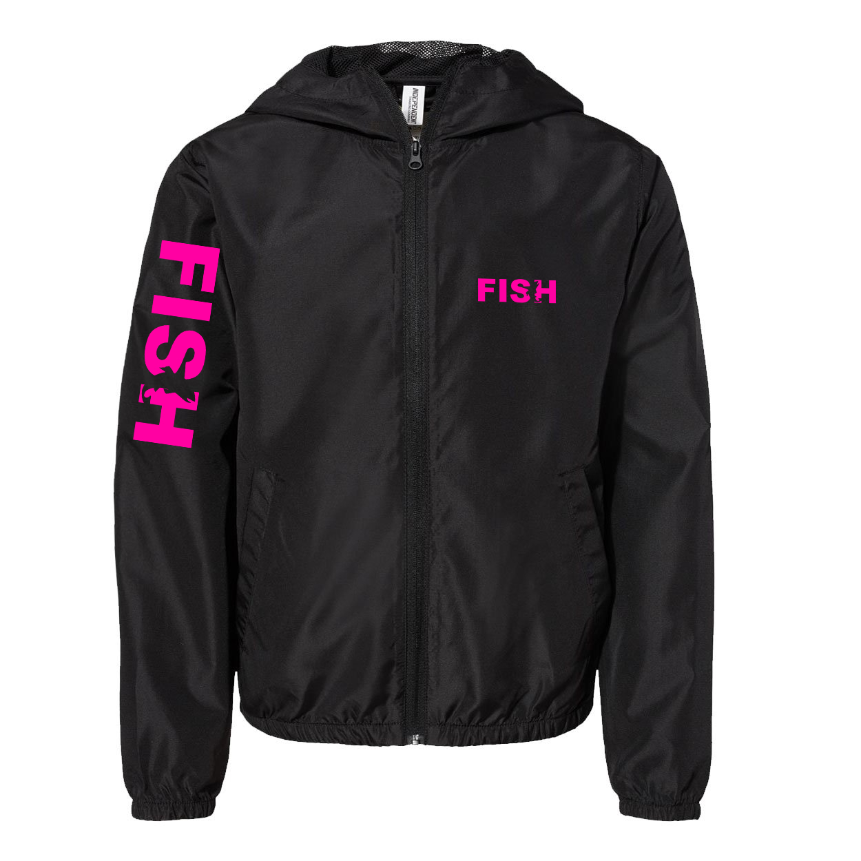 Fish Catch Logo Classic Youth Lightweight Windbreaker Black (Pink Logo)