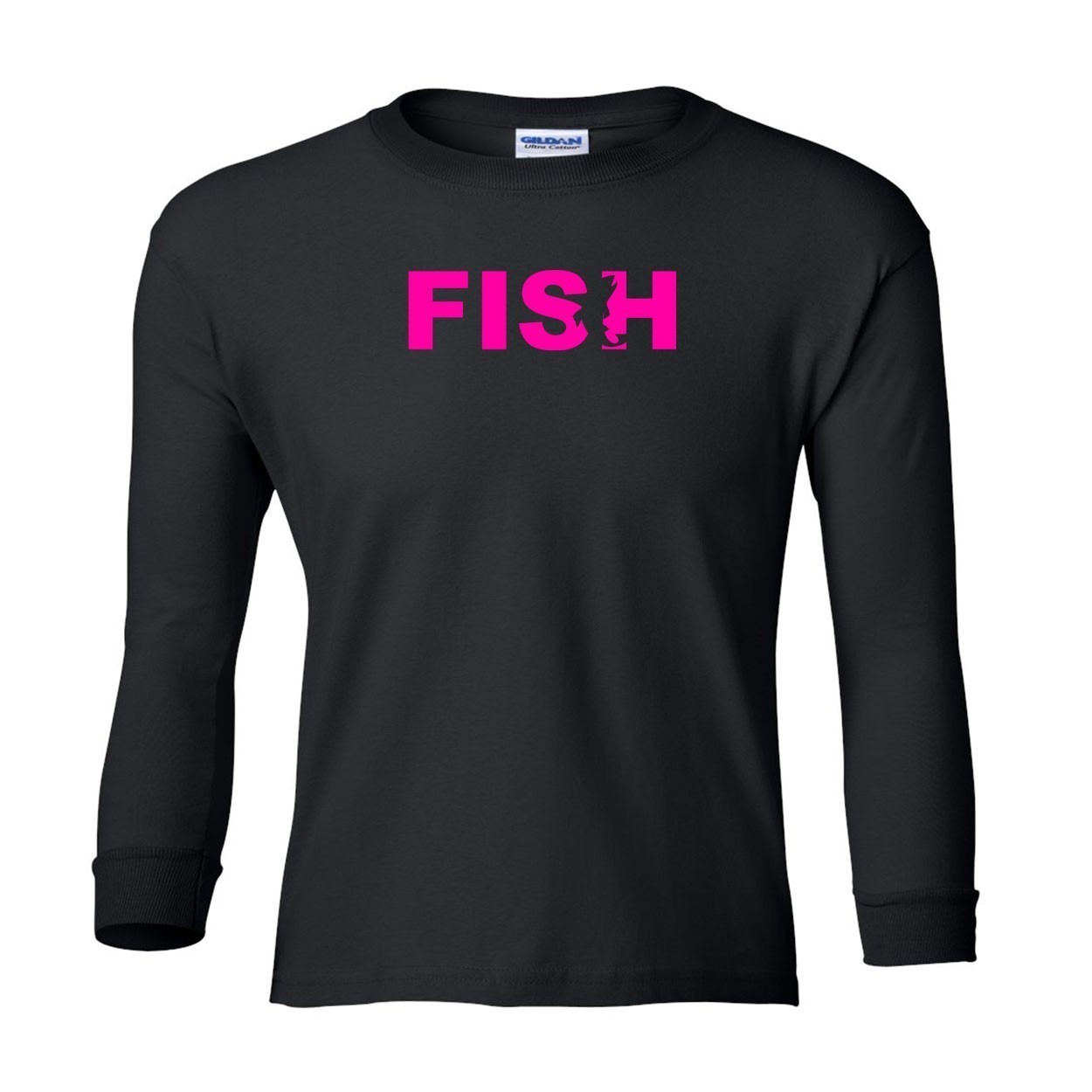 Fish Catch Logo Classic Youth Unisex Long Sleeve T-Shirt Black (Pink Logo)