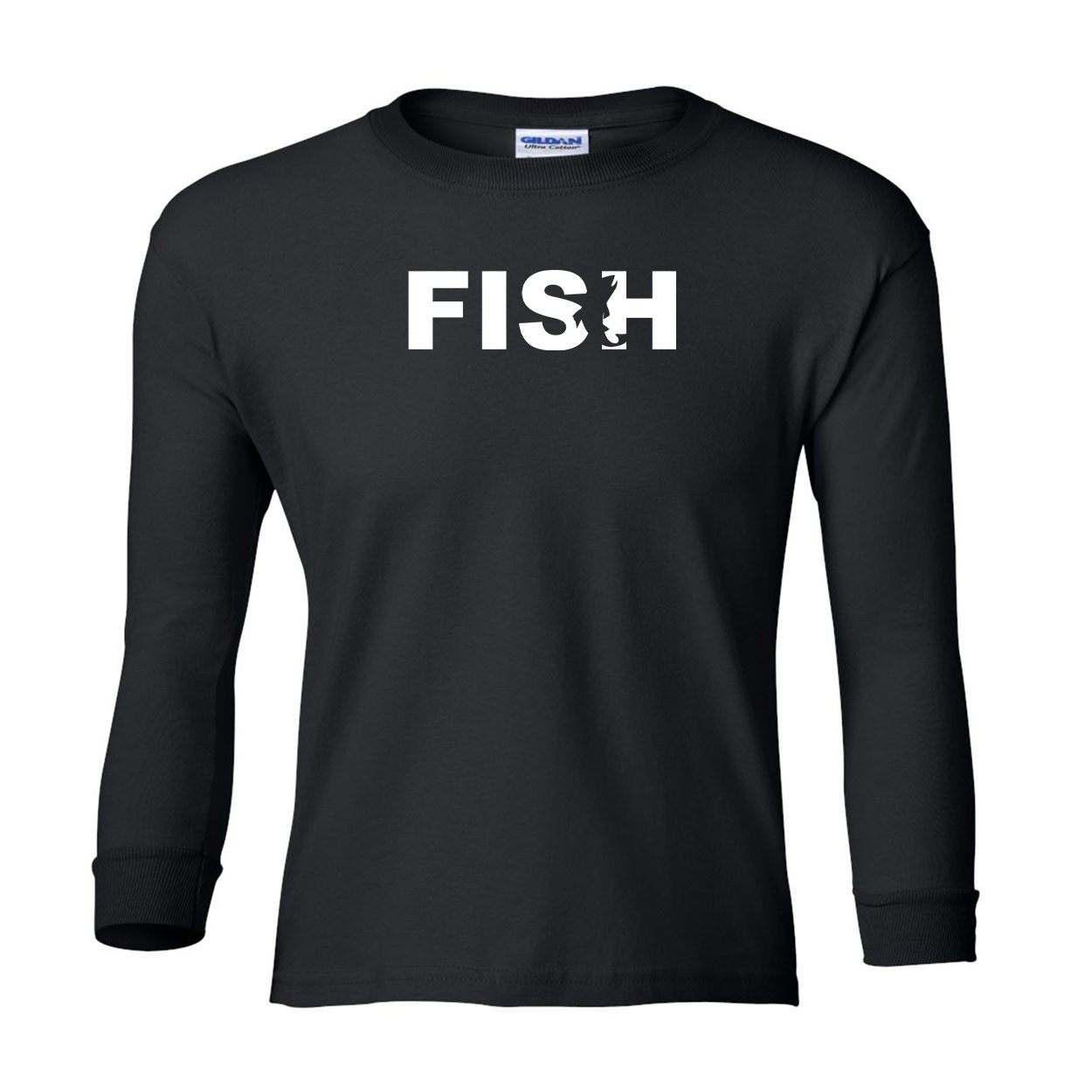 Fish Catch Logo Classic Youth Unisex Long Sleeve T-Shirt Black (White Logo)