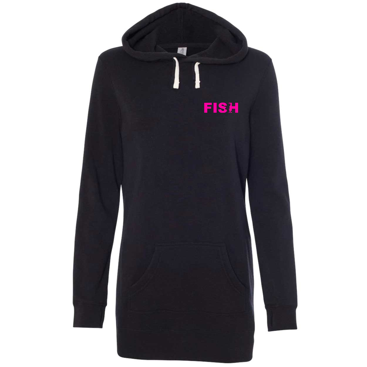 Fish Catch Logo Night Out Womens Pullover Hooded Sweatshirt Dress Black (Pink Logo)
