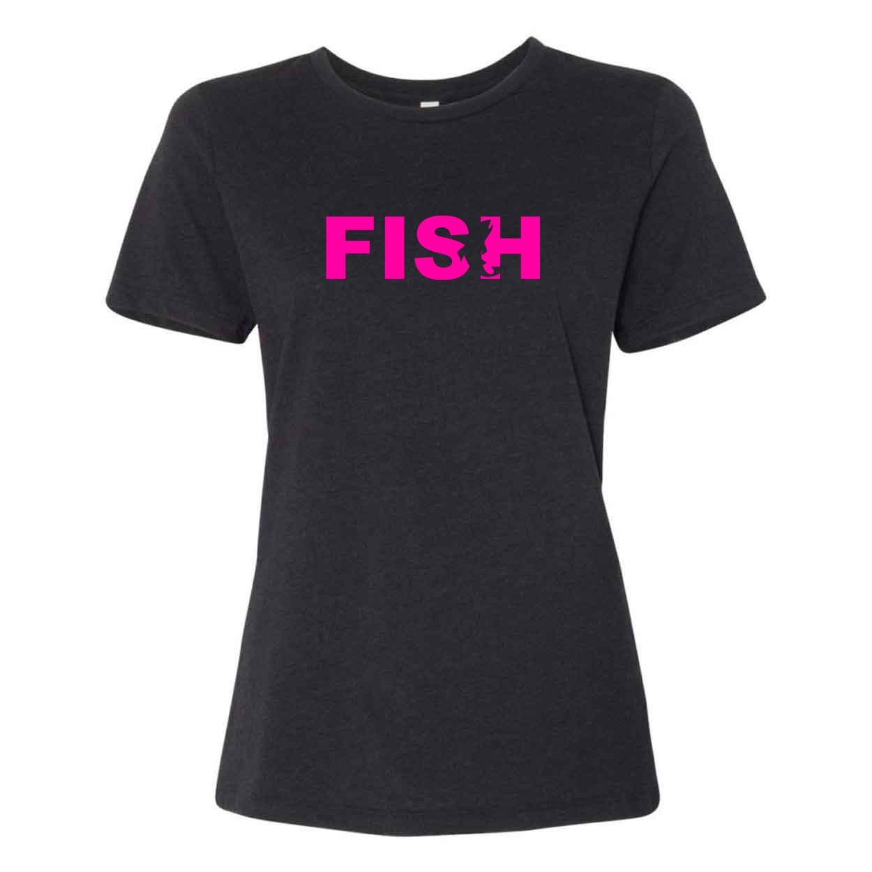 Fish Catch Logo Women's Classic Relaxed Jersey T-Shirt Black Heather (Pink Logo)