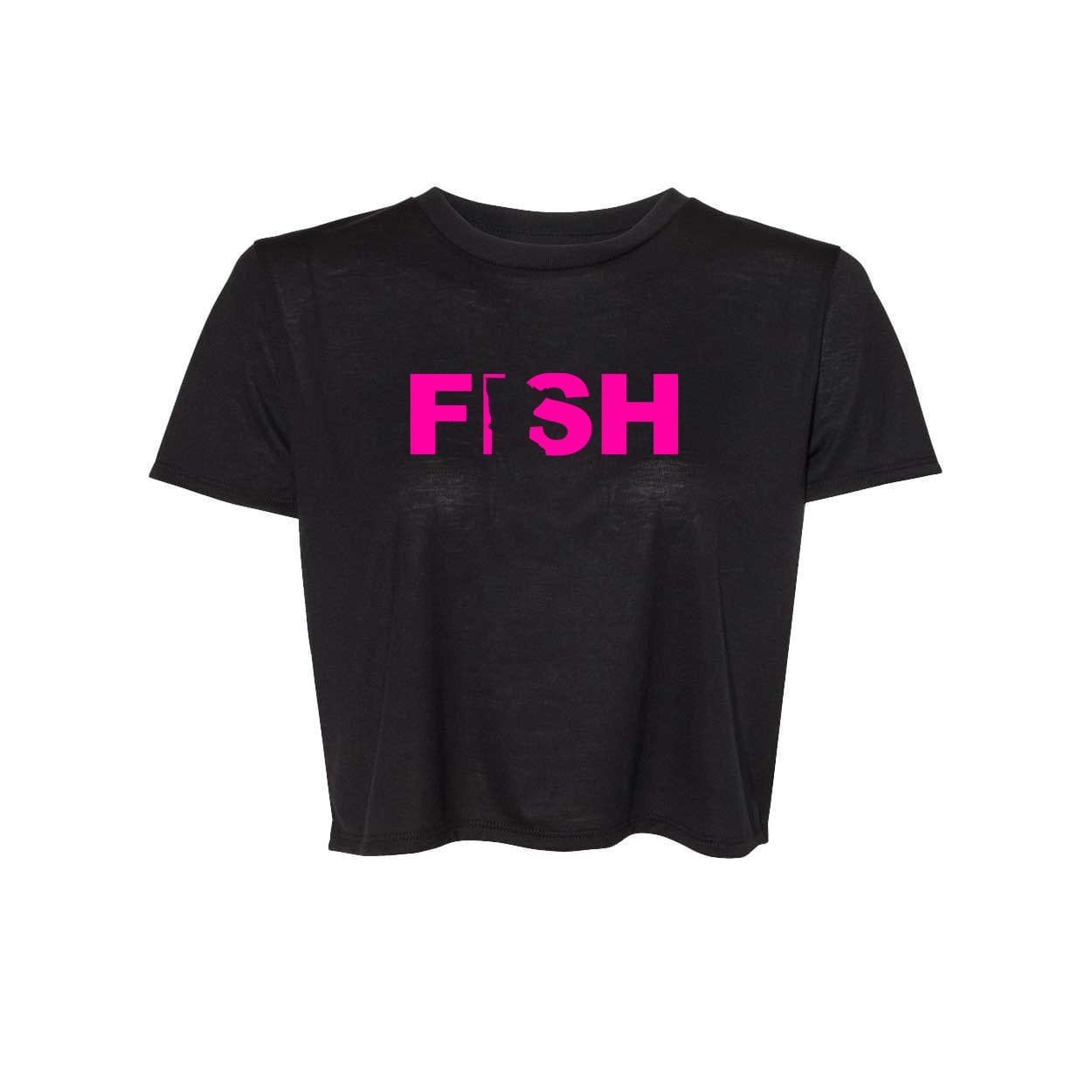 Fish Minnesota Womens Classic Flowy Cropped T-Shirt Black (Pink Logo)