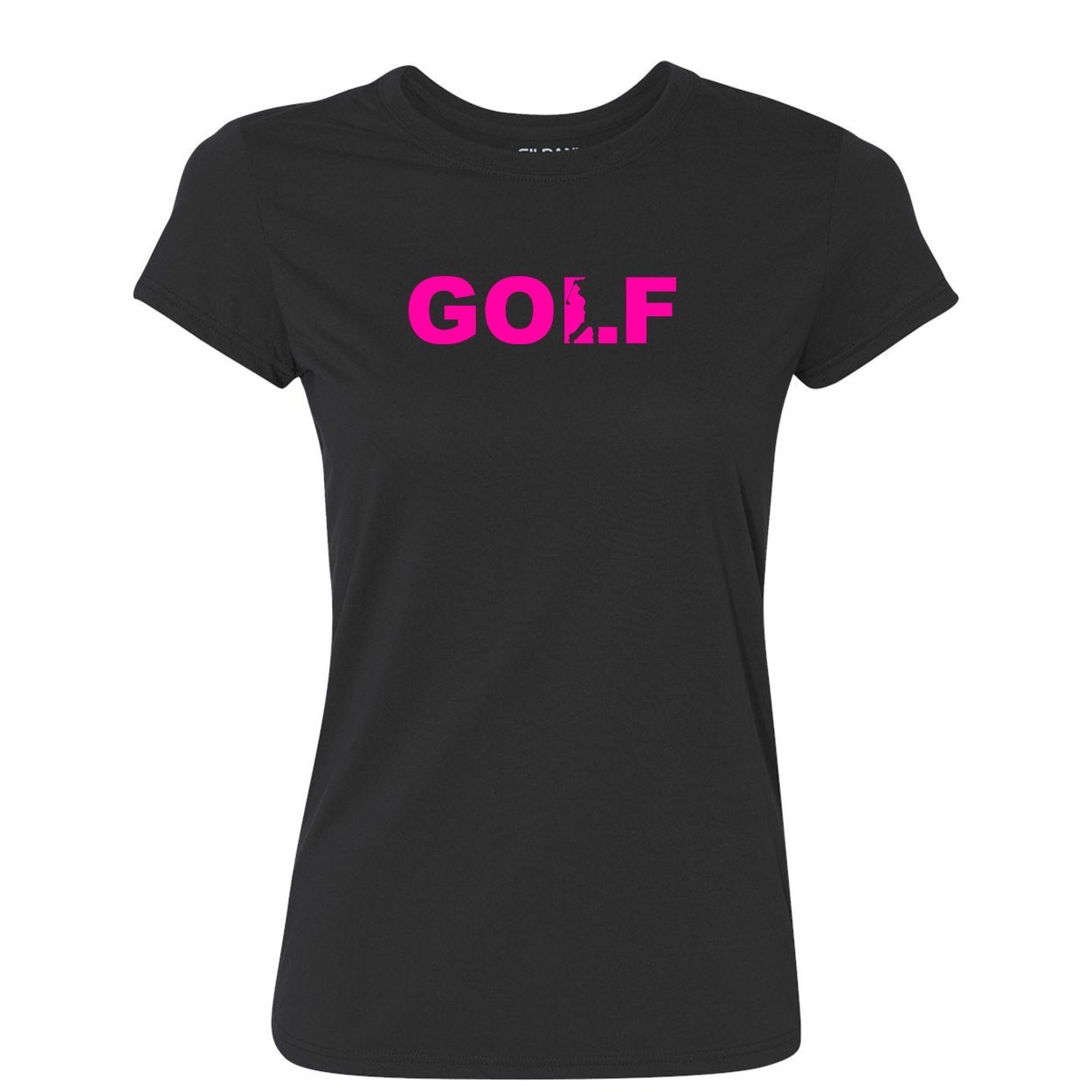 Golf Swing Logo Classic Womens Performance T-Shirt Black (Pink Logo)