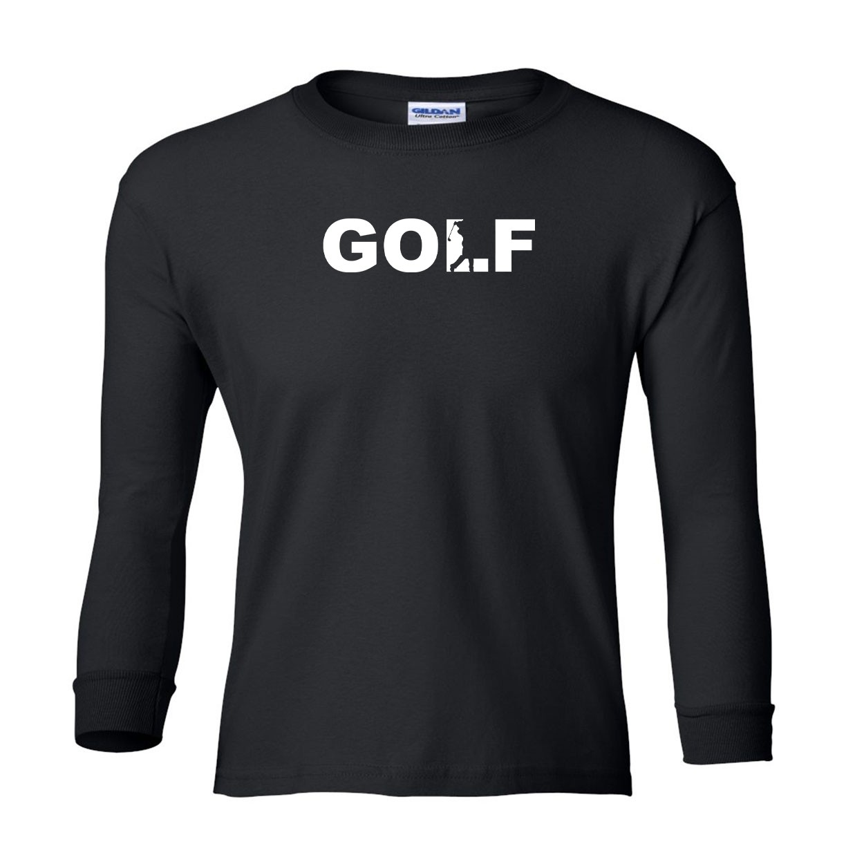 Golf Swing Logo Classic Youth Unisex Long Sleeve T-Shirt Black (White Logo)