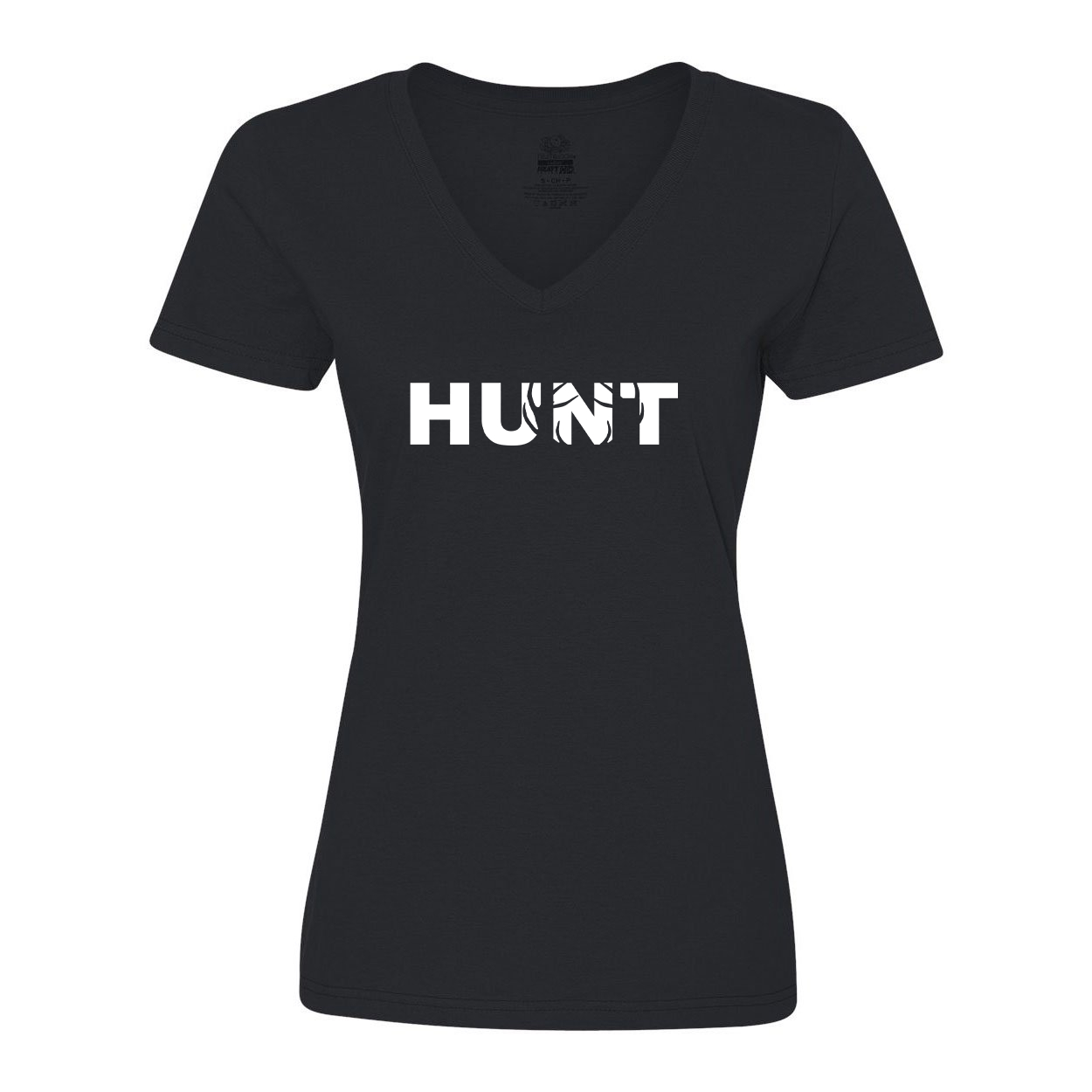 Hunt Rack Logo Classic Womens V-Neck Shirt Black (White Logo)