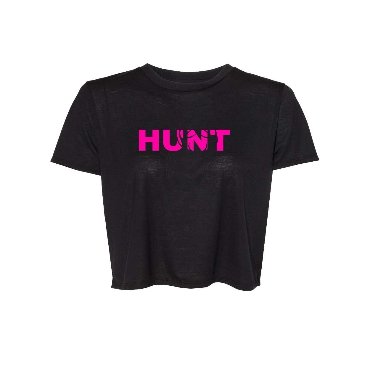 Hunt Rack Logo Womens Classic Flowy Cropped T-Shirt Black (Pink Logo)