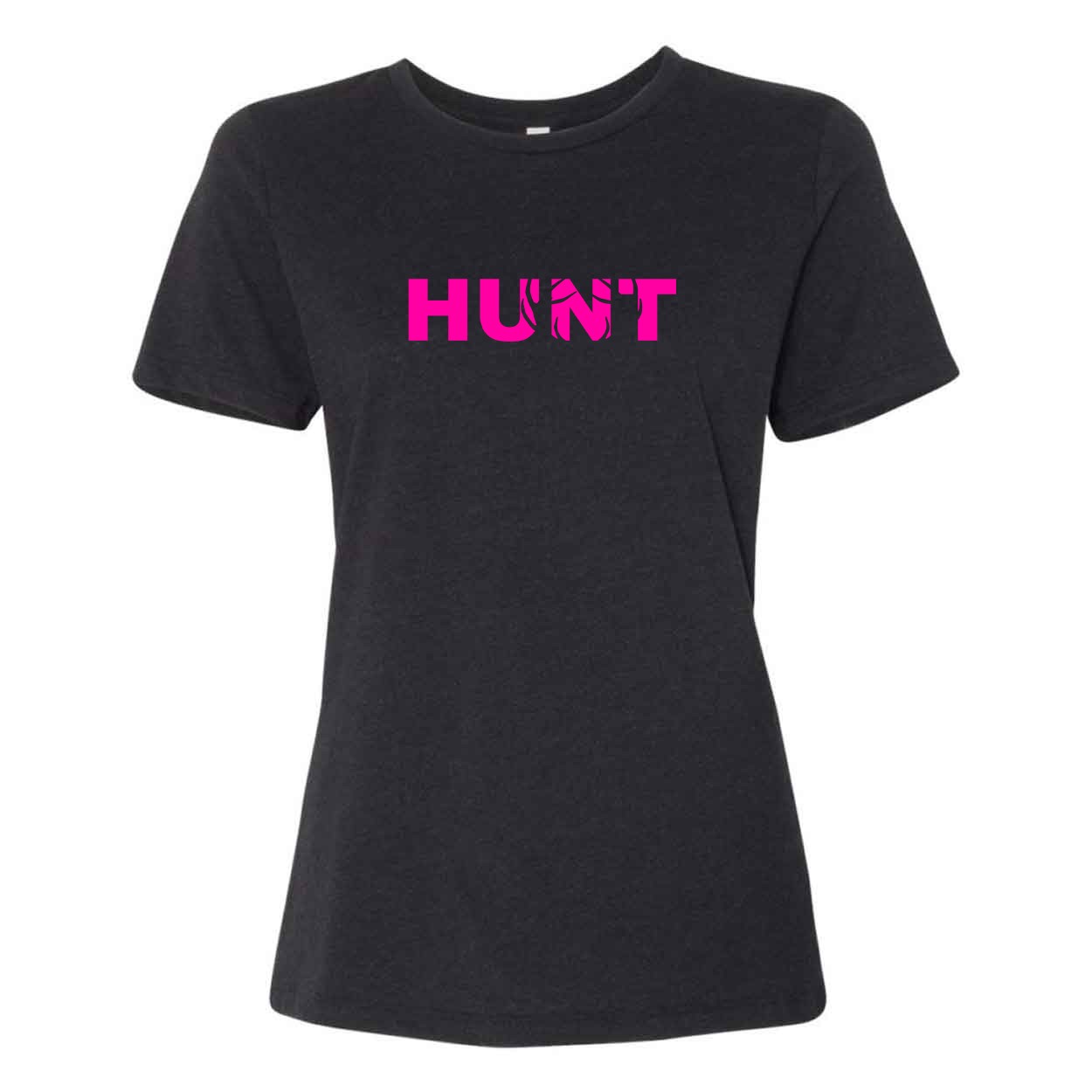 Hunt Rack Logo Women's Classic Relaxed Jersey T-Shirt Black Heather (Pink Logo)