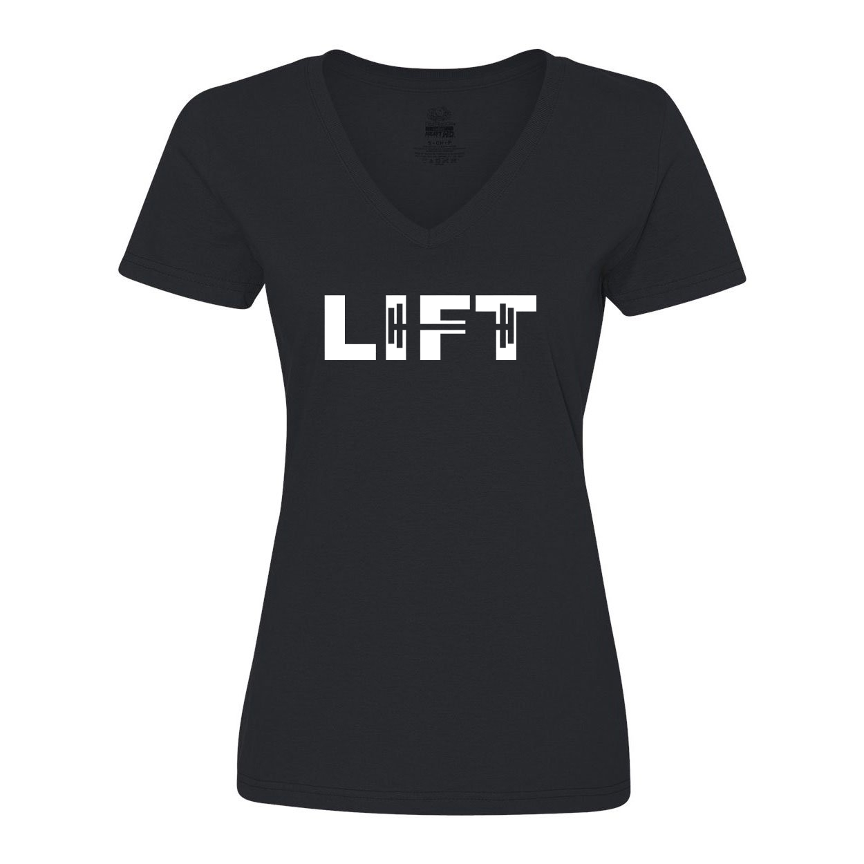 Lift Barbell Logo Classic Womens V-Neck Shirt Black (White Logo)