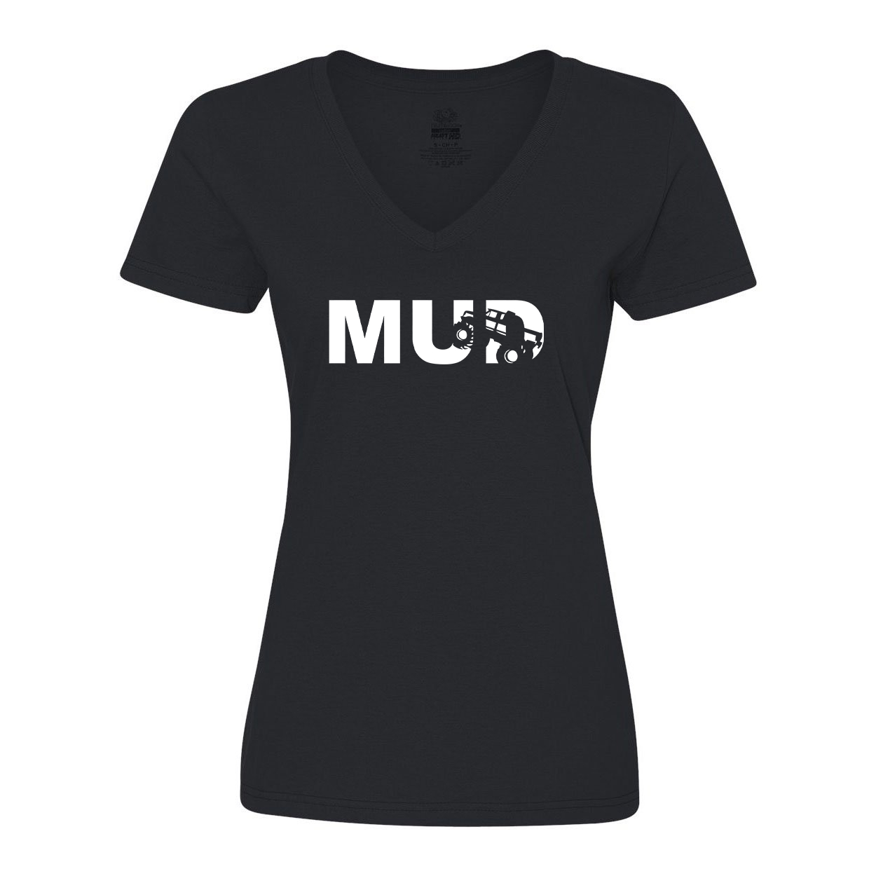 Mud Truck Logo Classic Womens V-Neck Shirt Black (White Logo)