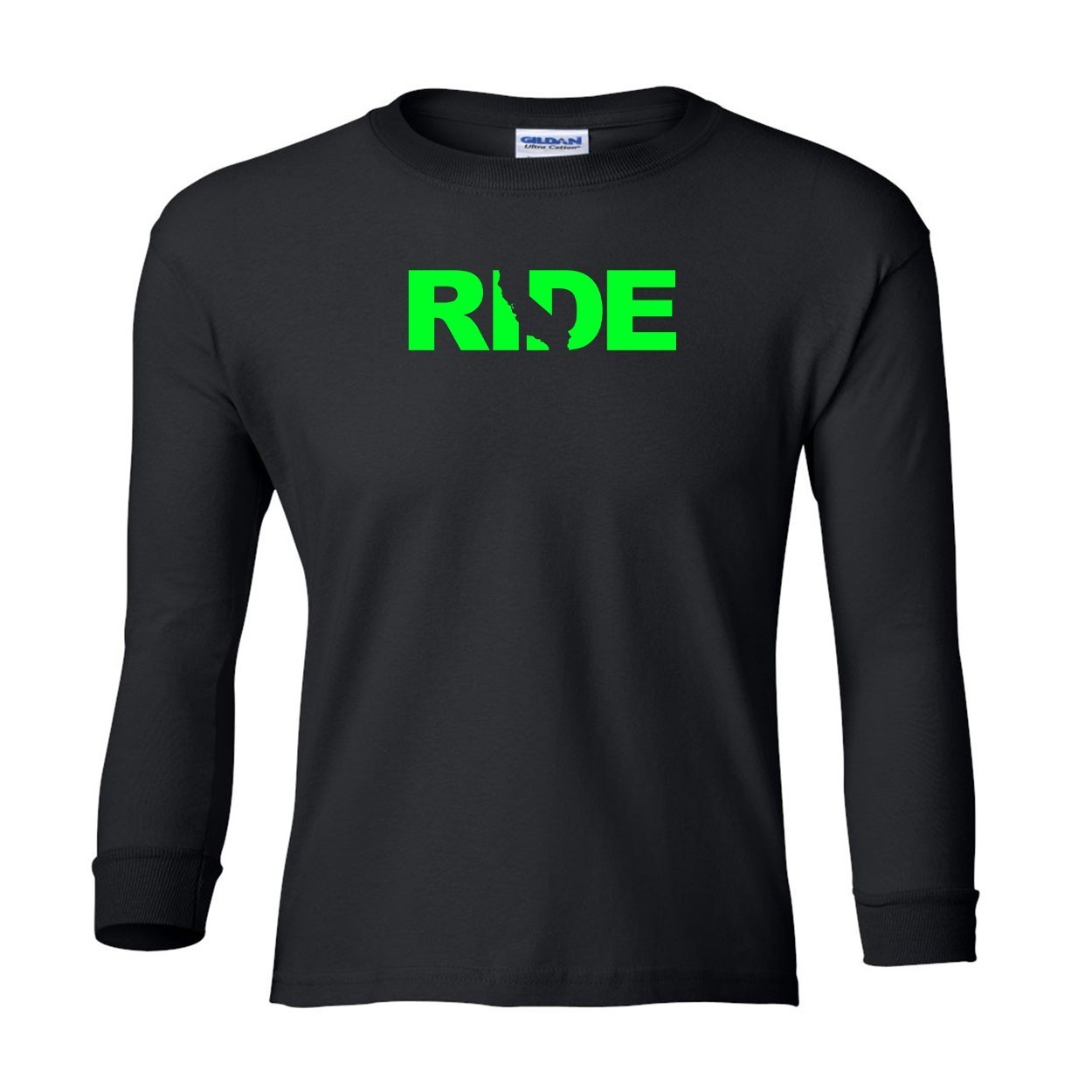 Ride California Classic Youth Unisex Long Sleeve T-Shirt Black (Green Logo)