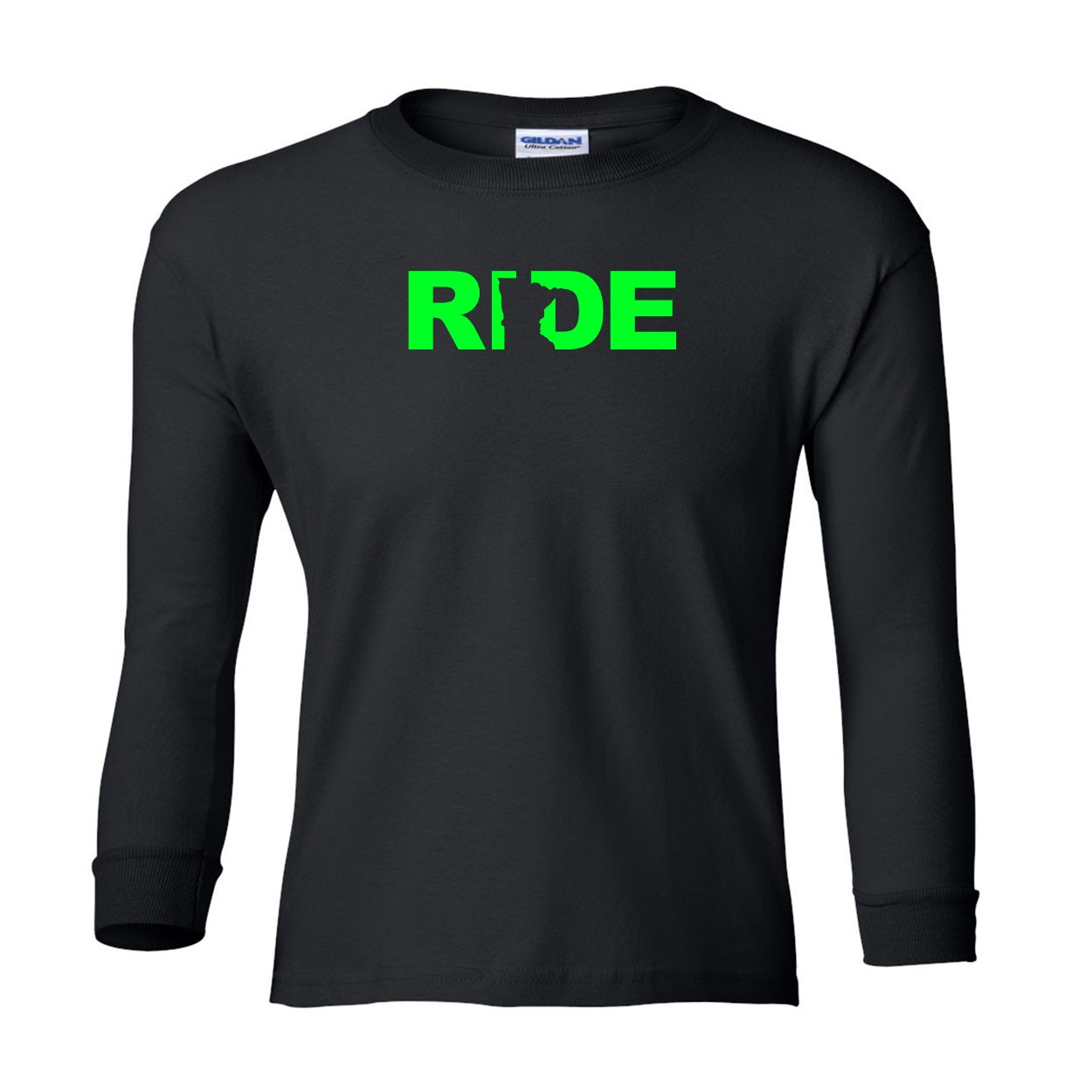 Ride Minnesota Classic Youth Unisex Long Sleeve T-Shirt Black (Green Logo)