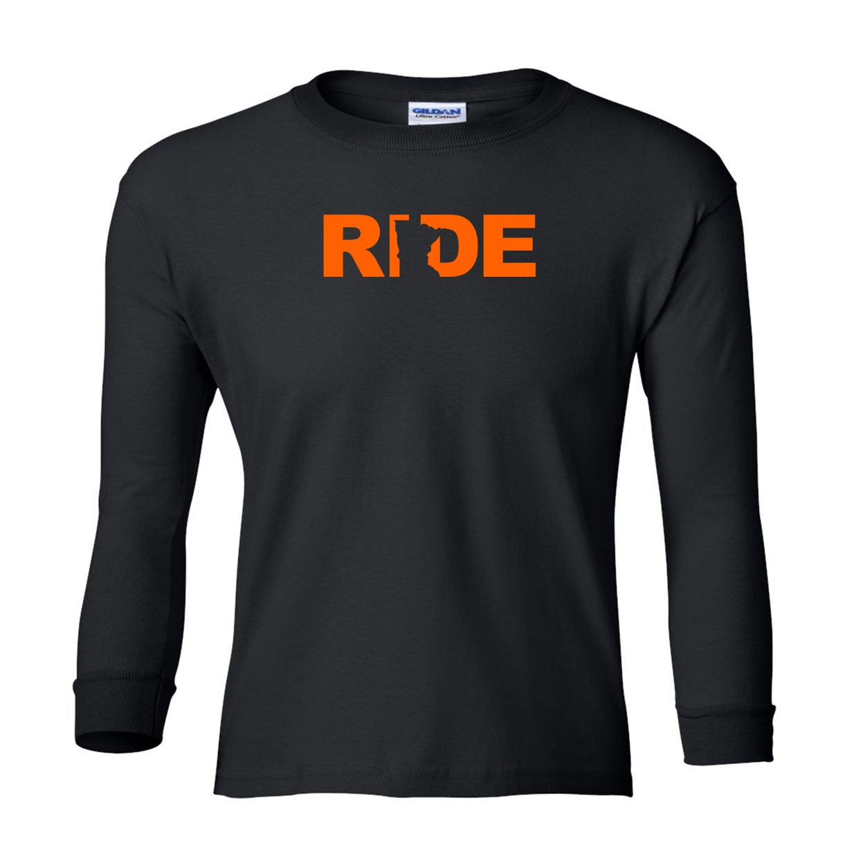 Ride Minnesota Classic Youth Unisex Long Sleeve T-Shirt Black (Orange Logo)