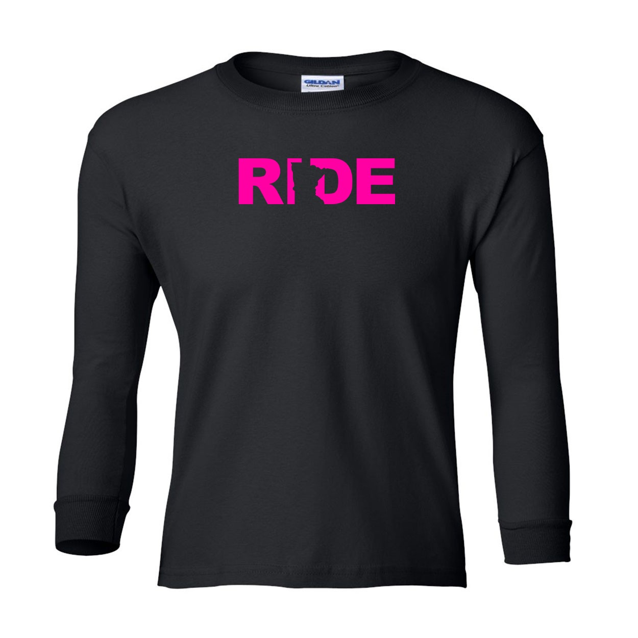 Ride Minnesota Classic Youth Unisex Long Sleeve T-Shirt Black (Pink Logo)