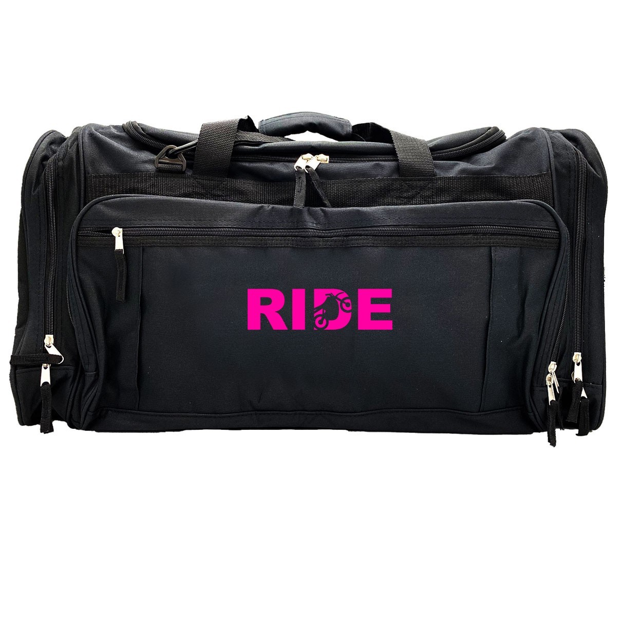 Ride Moto Logo Classic Explorer Large Duffel Bag Black (Pink Logo)