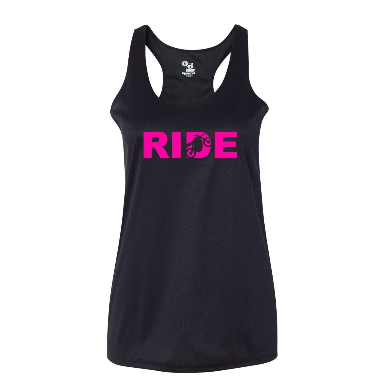Ride Moto Logo Classic Womens Performance Racerback Tank Top Black (Pink Logo)