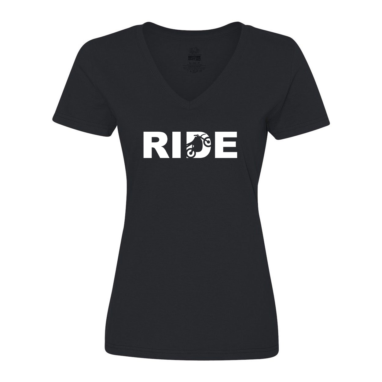 Ride Moto Logo Classic Womens V-Neck Shirt Black (White Logo)