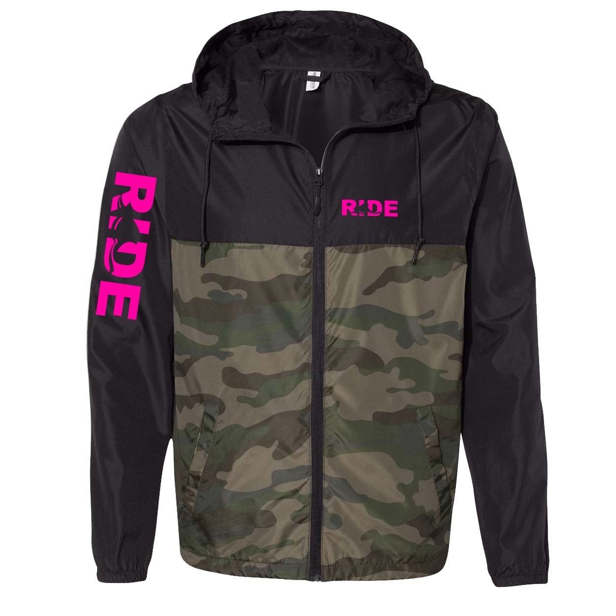 Ride Wave Logo Classic Lightweight Windbreaker Black/Forest Camo (Pink Logo)