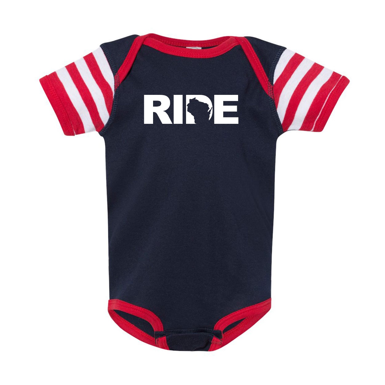 Ride Wisconsin Classic Infant Baby Onesie Navy/Red/White Stripes (White Logo)