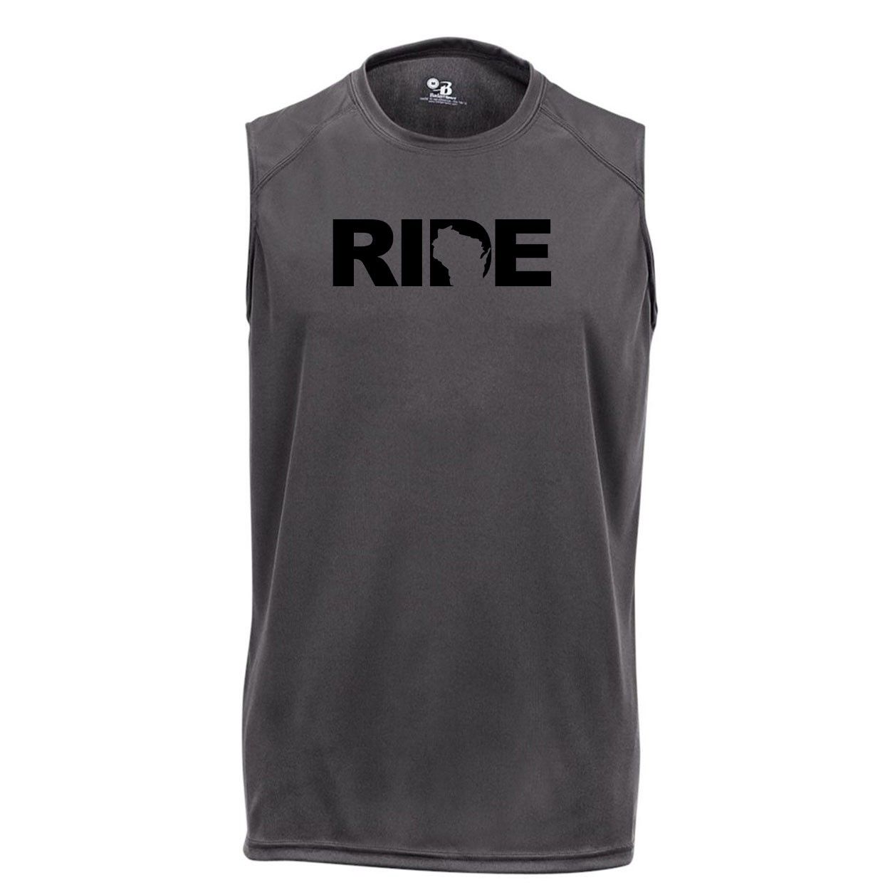 Ride Wisconsin Classic Unisex Performance Sleeveless T-Shirt Graphite Gray (Black Logo)