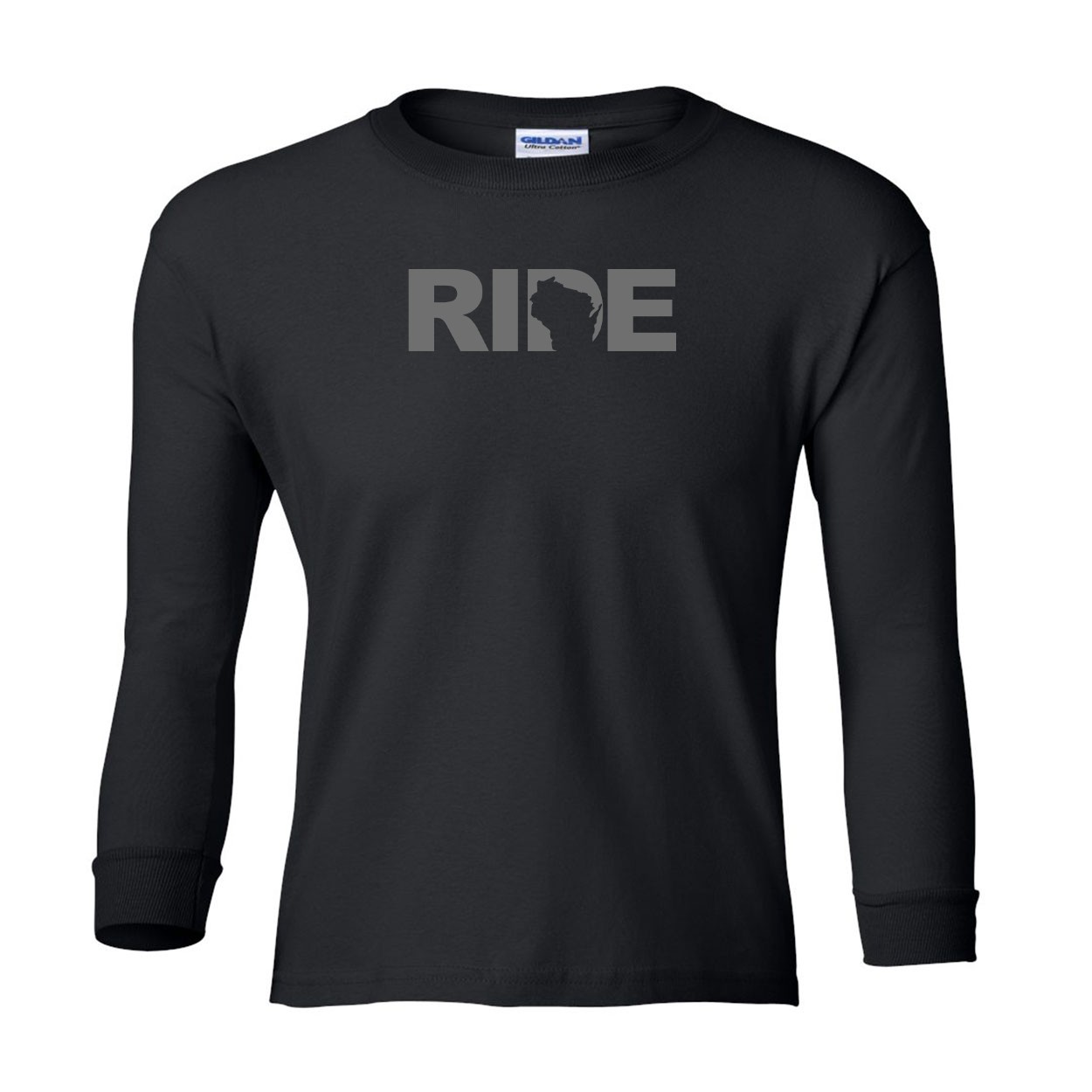 Ride Wisconsin Classic Youth Unisex Long Sleeve T-Shirt Black (Gray Logo)
