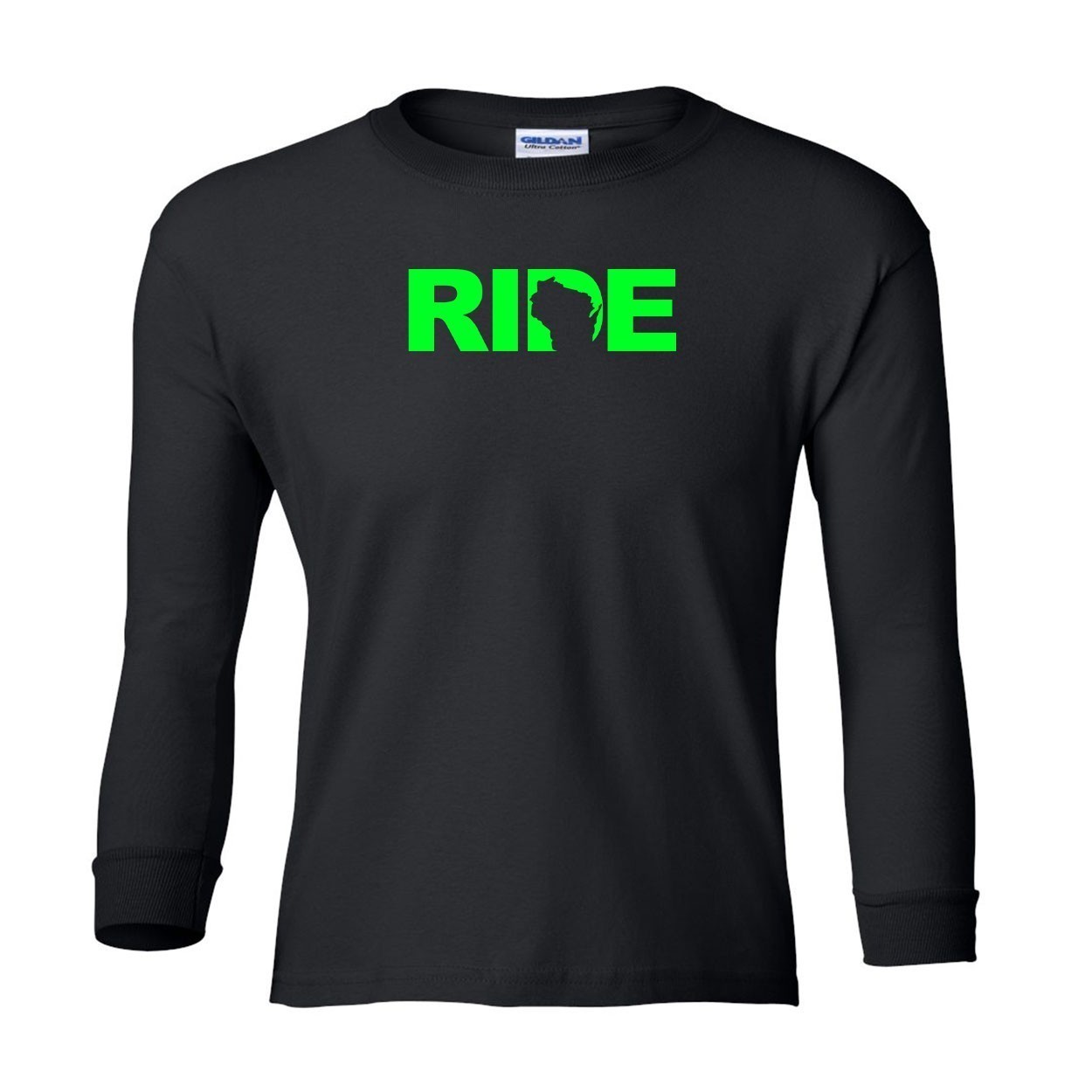 Ride Wisconsin Classic Youth Unisex Long Sleeve T-Shirt Black (Green Logo)