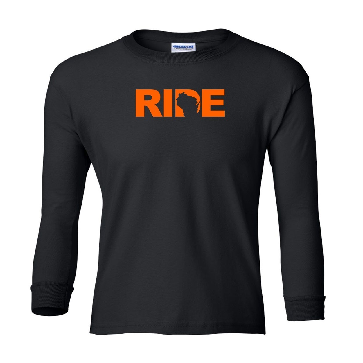 Ride Wisconsin Classic Youth Unisex Long Sleeve T-Shirt Black (Orange Logo)