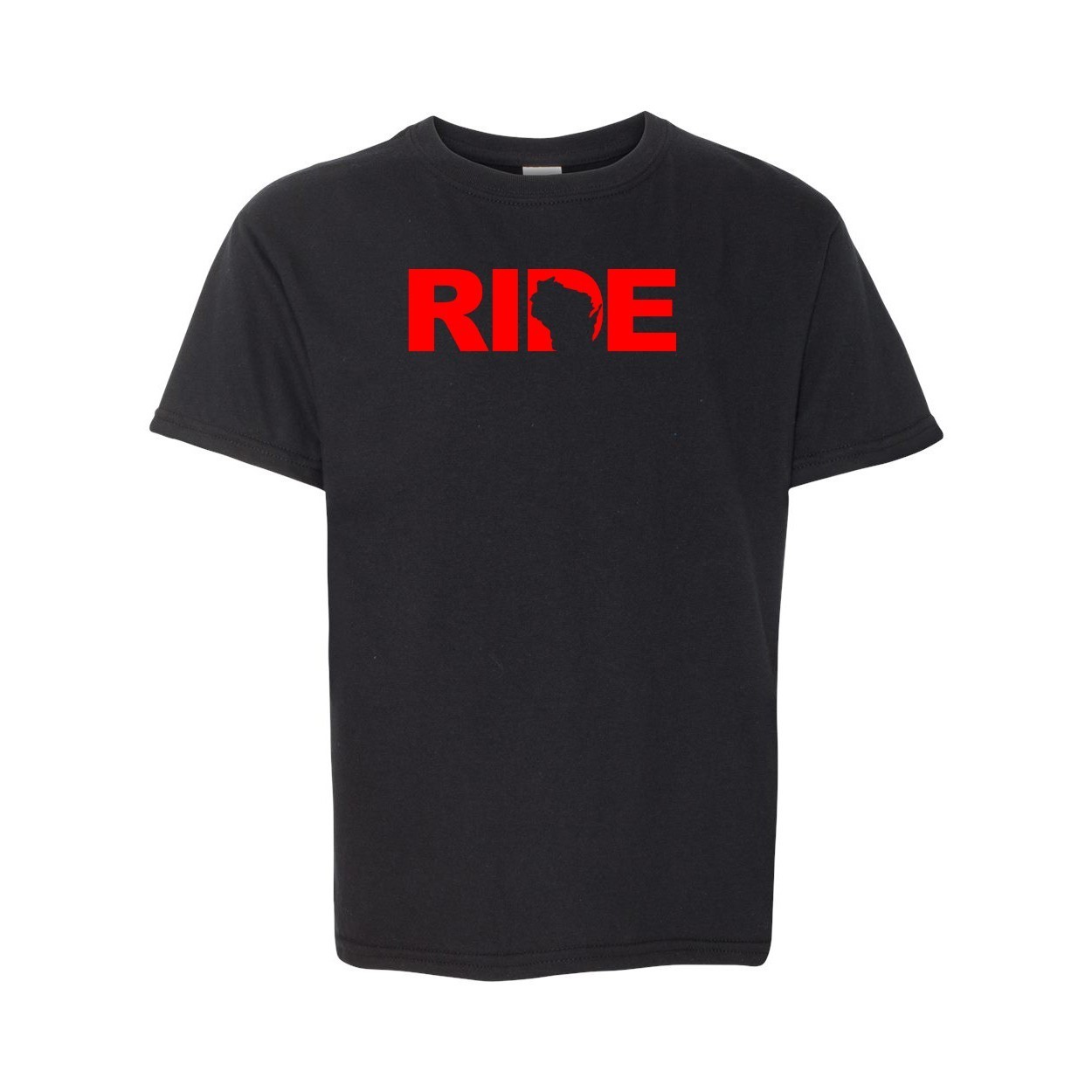 Ride Wisconsin Classic Youth Unisex T-Shirt Black (Red Logo)