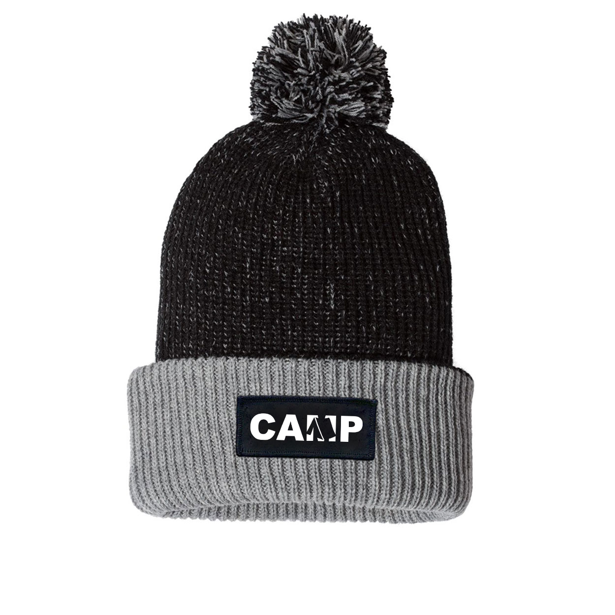 Camp Tent Logo Night Out Woven Patch Roll Up Pom Knit Beanie Black/Gray (White Logo)
