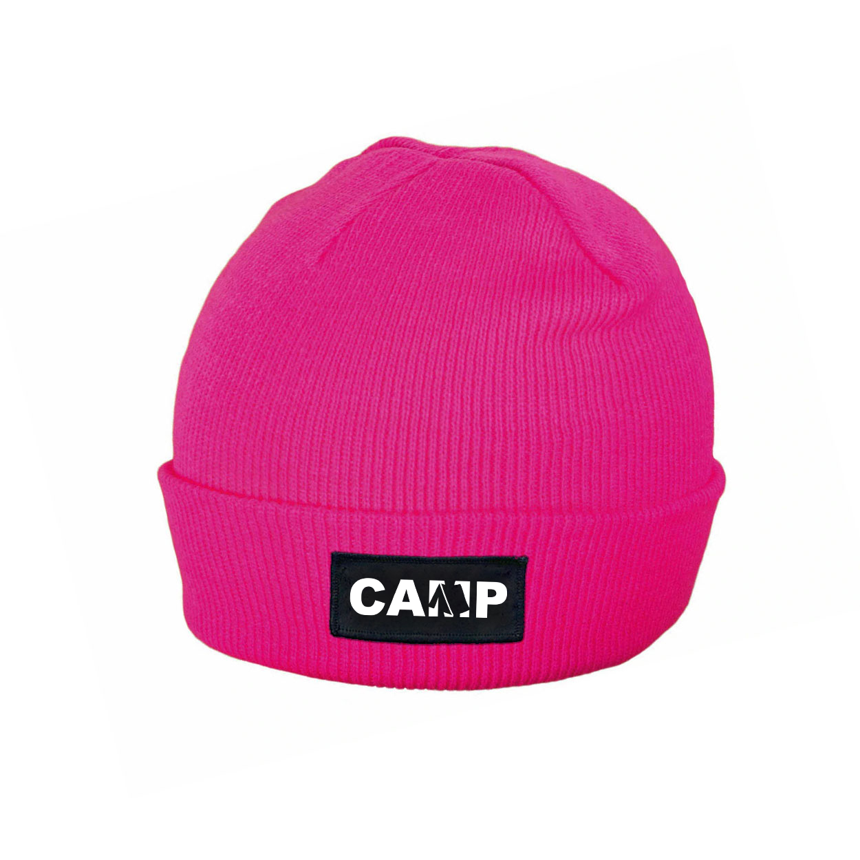 Camp Tent Logo Night Out Woven Patch Roll Up Skully Beanie Heather Fuchsia (White Logo)