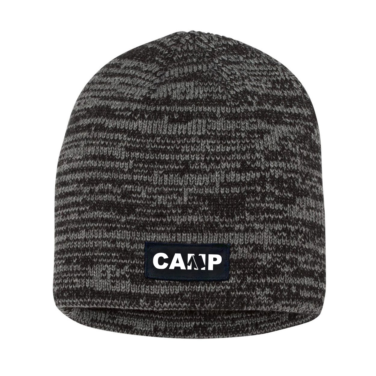 Camp Tent Logo Night Out Woven Patch Skully Marled Knit Beanie Black/Gray (White Logo)