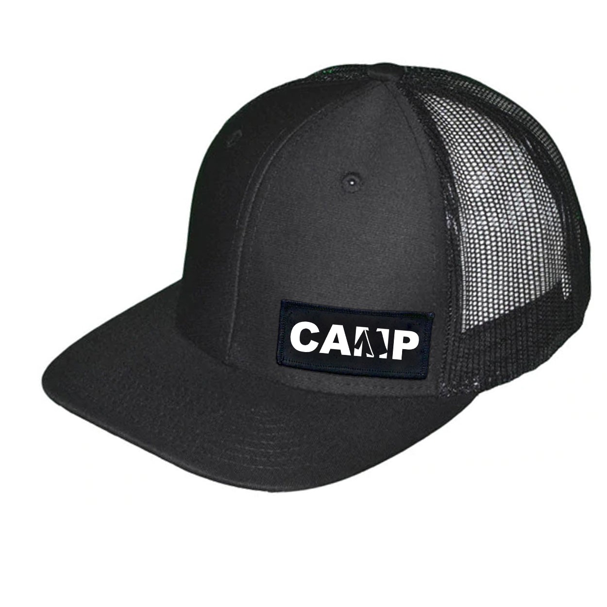 Camp Tent Logo Night Out Woven Patch Snapback Trucker Hat Black (White Logo)