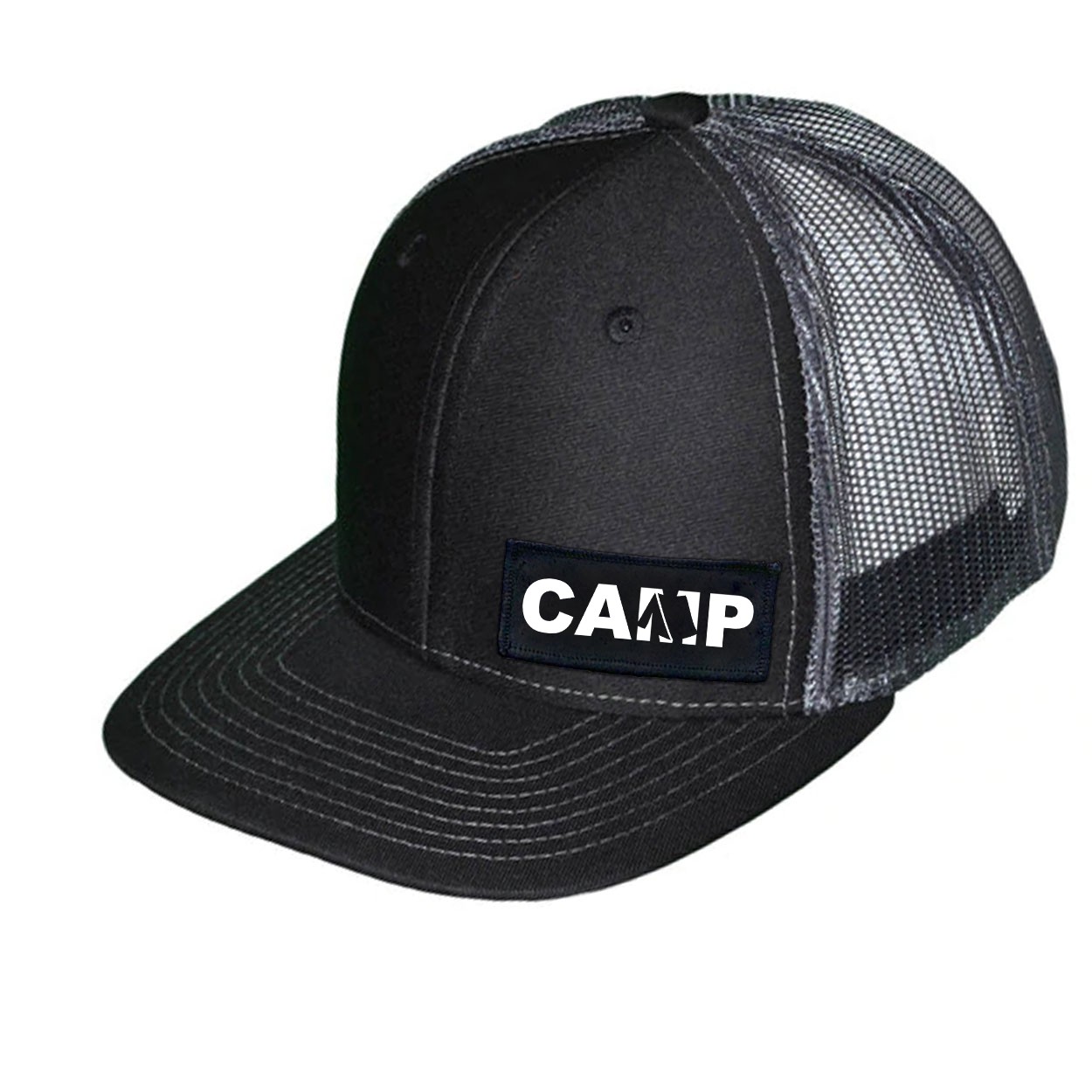 Camp Tent Logo Night Out Woven Patch Snapback Trucker Hat Black/Gray (White Logo)