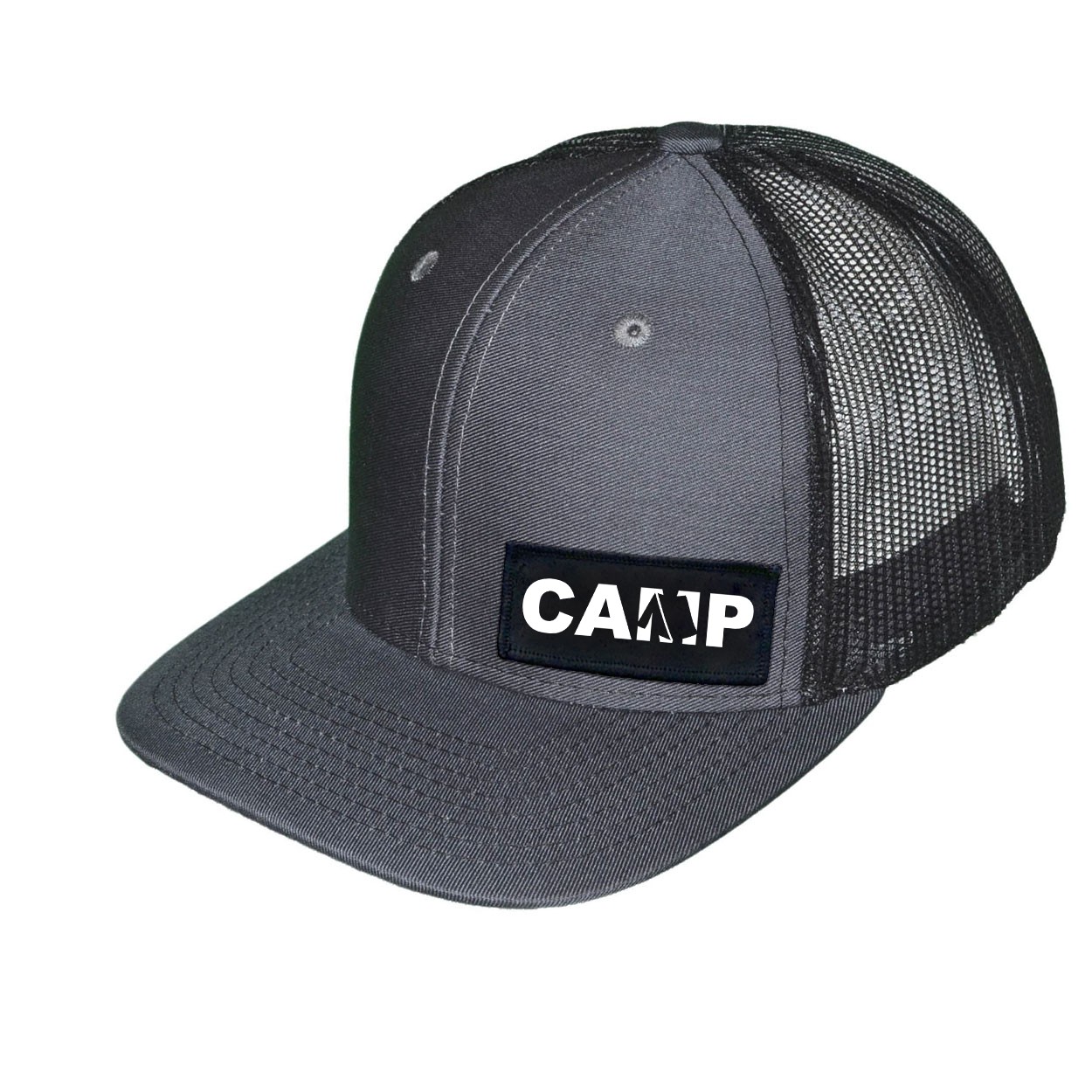 Camp Tent Logo Night Out Woven Patch Snapback Trucker Hat Gray/Black (White Logo)