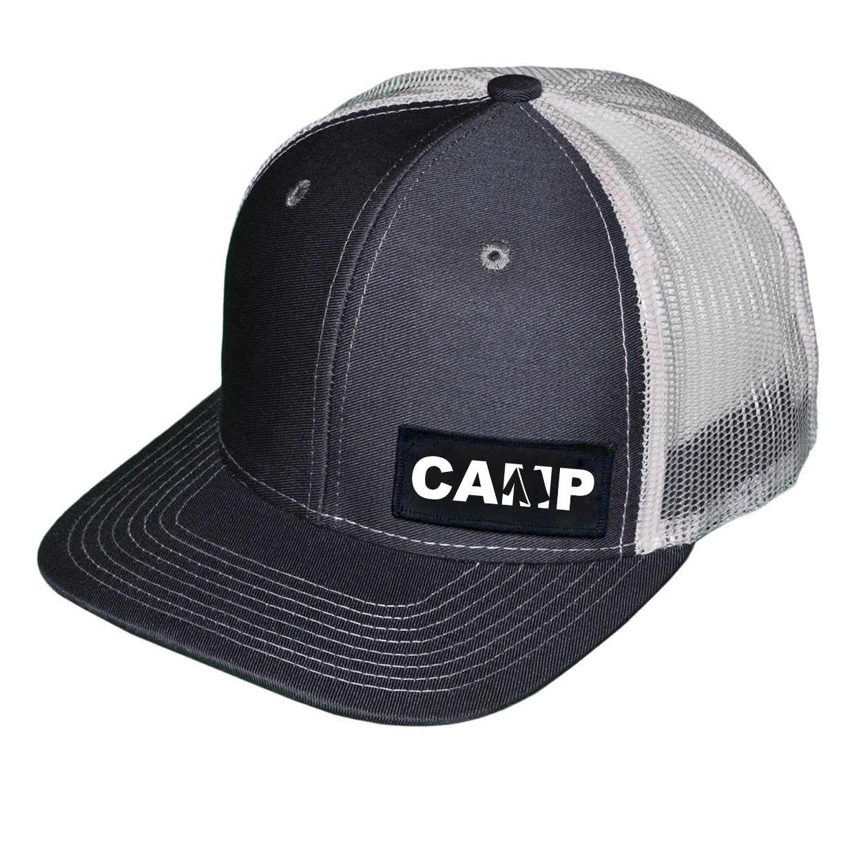 Camp Tent Logo Night Out Woven Patch Snapback Trucker Hat Gray/White (White Logo)