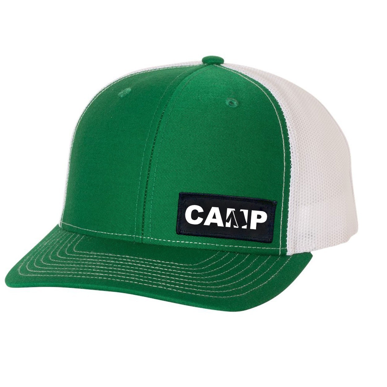 Camp Tent Logo Night Out Woven Patch Snapback Trucker Hat Green/White (White Logo)