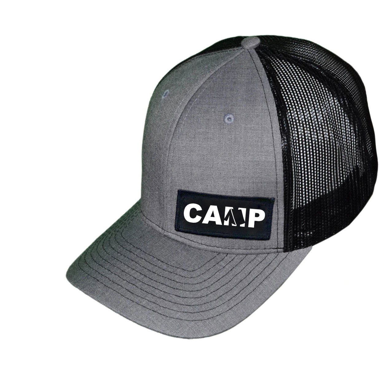 Camp Tent Logo Night Out Woven Patch Snapback Trucker Hat Heather Gray/Black (White Logo)