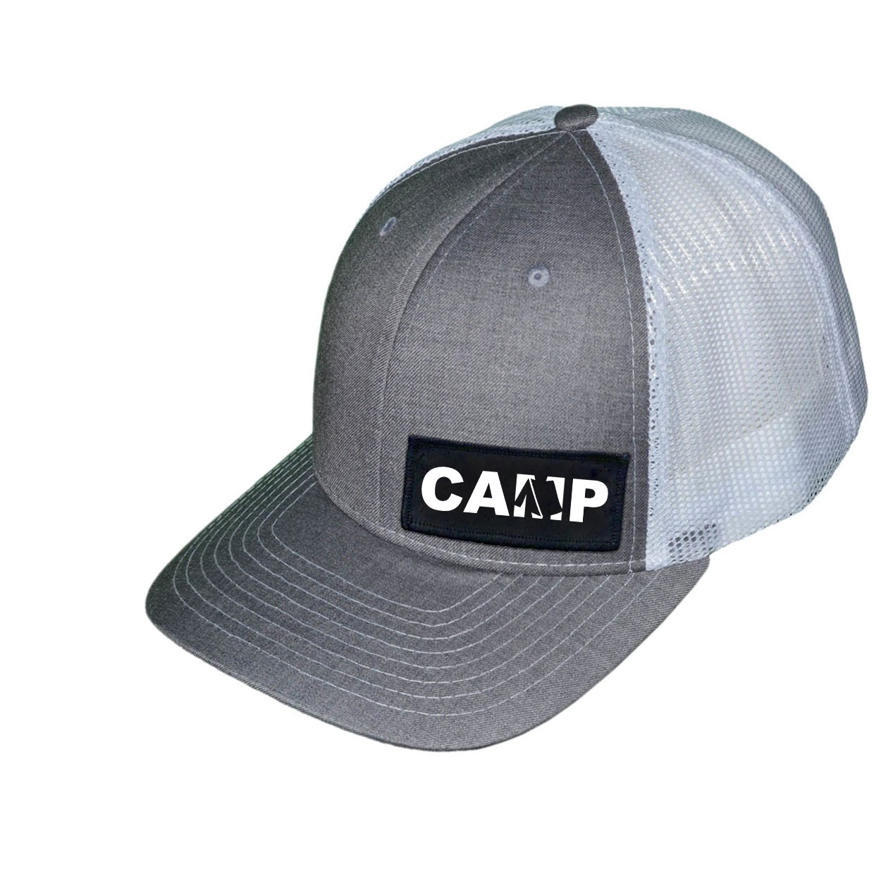Camp Tent Logo Night Out Woven Patch Snapback Trucker Hat Heather Gray/White (White Logo)