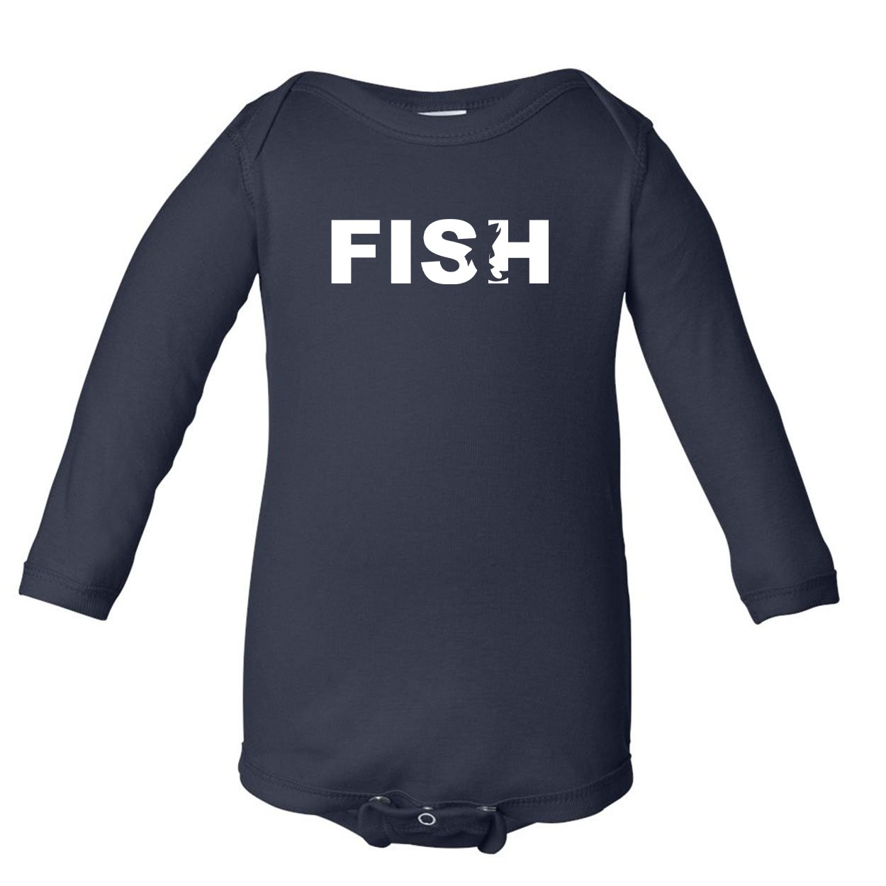 Fish Catch Logo Classic Infant Baby Long Sleeve Onesie Navy (White Logo)