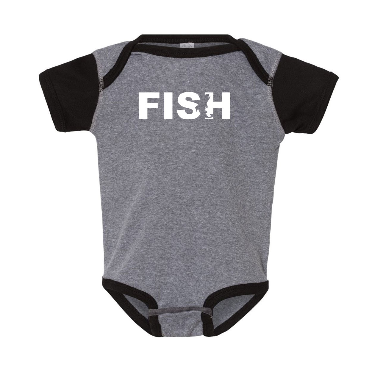 Fish Catch Logo Classic Infant Baby Onesie Heather Gray/Black Trim (White Logo)