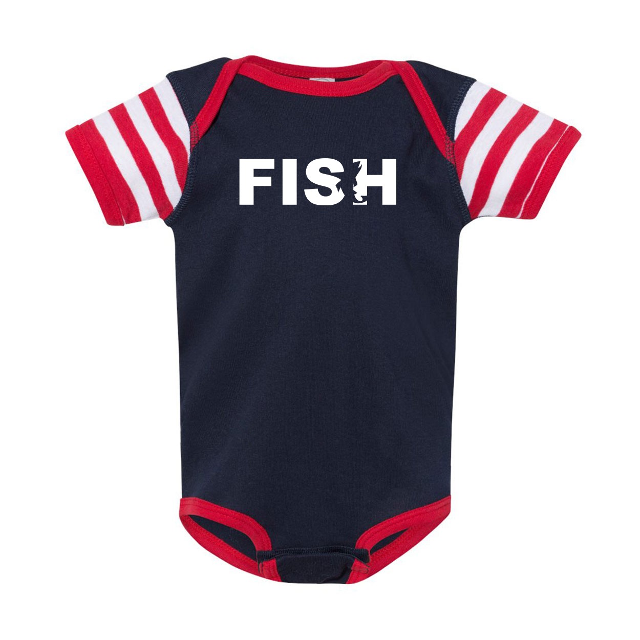 Fish Catch Logo Classic Infant Baby Onesie Navy/Red/White Stripes (White Logo)