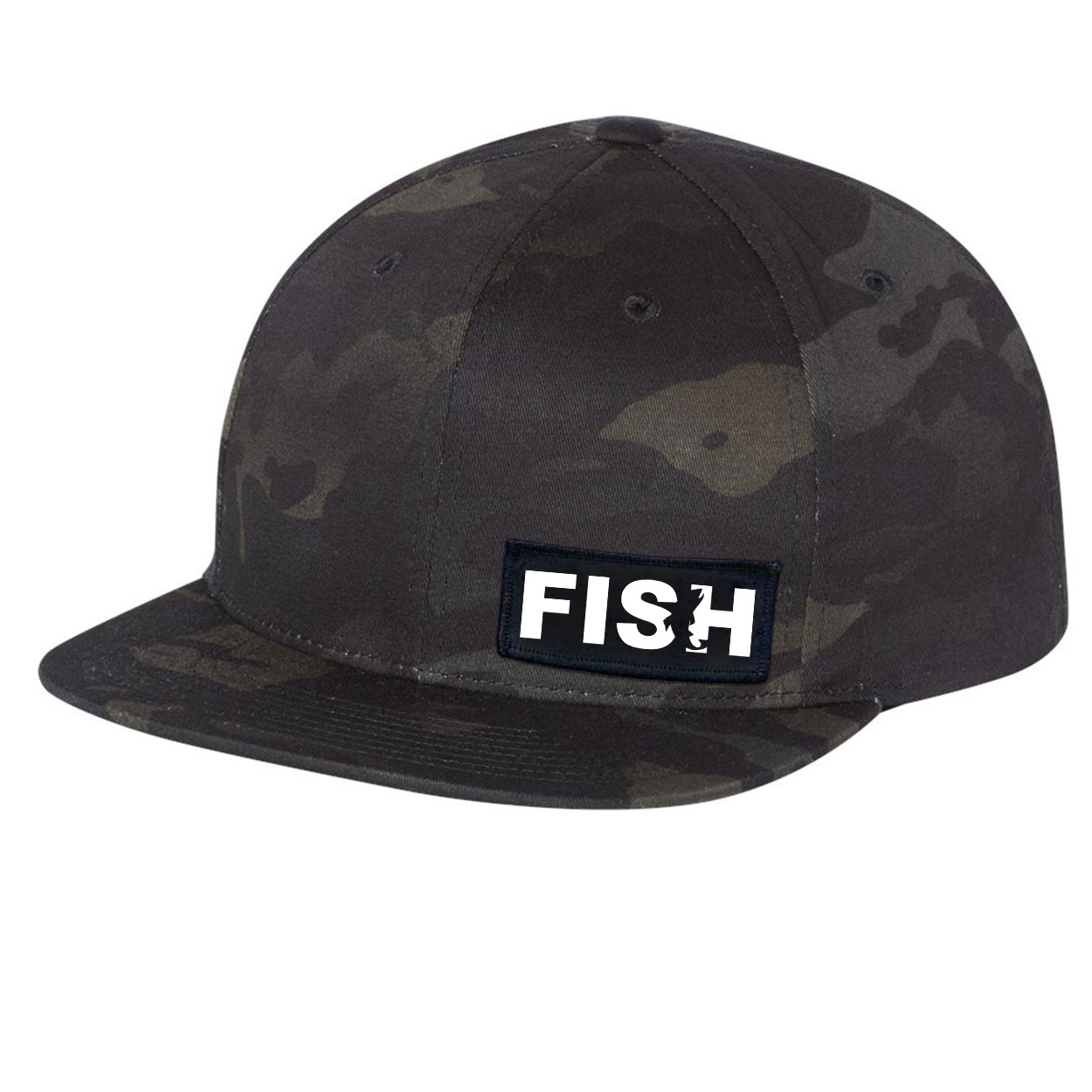 Fish Catch Logo Night Out Woven Patch Flat Brim Snapback Hat Black Camo (White Logo)