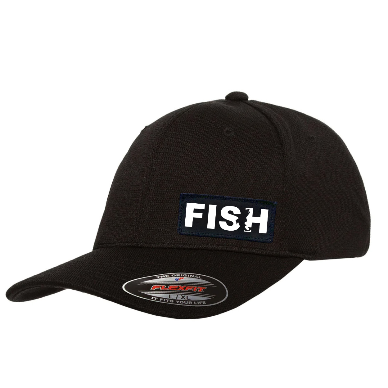 Fish Catch Logo Night Out Woven Patch Flex-Fit Hat Black (White Logo)