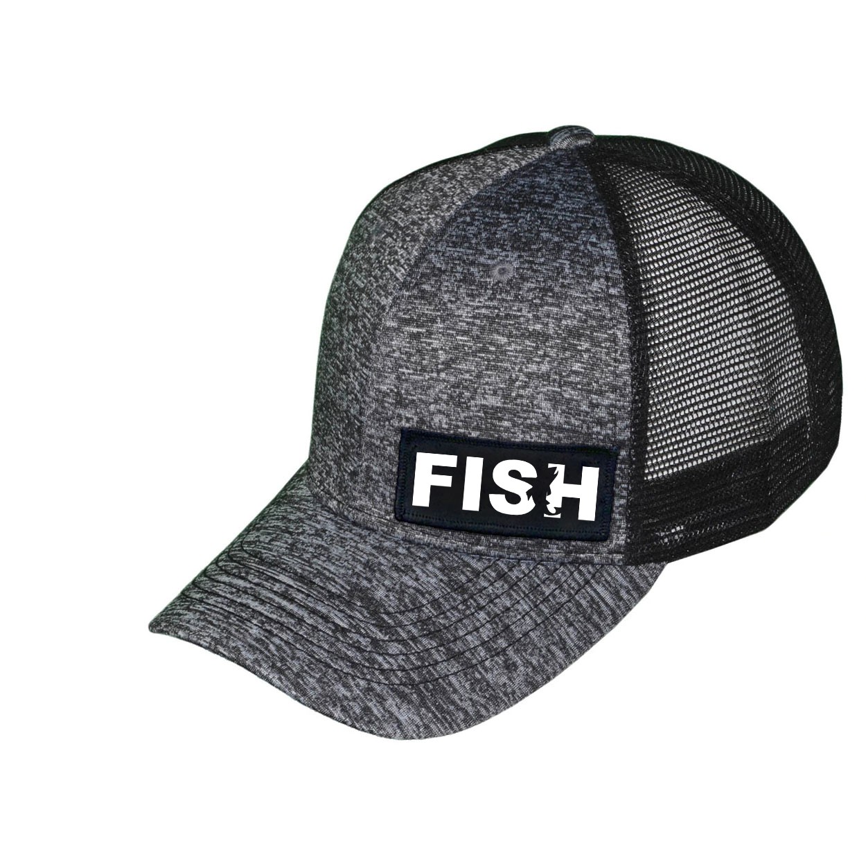 Fish Catch Logo Night Out Woven Patch Melange Snapback Trucker Hat Gray/Black (White Logo)