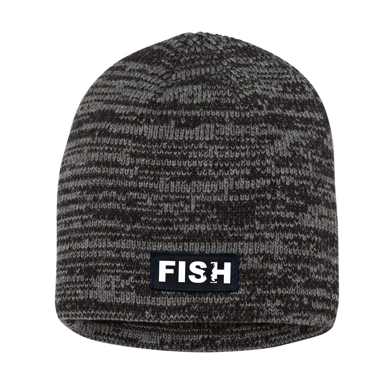 Fish Catch Logo Night Out Woven Patch Skully Marled Knit Beanie Black/Gray (White Logo)
