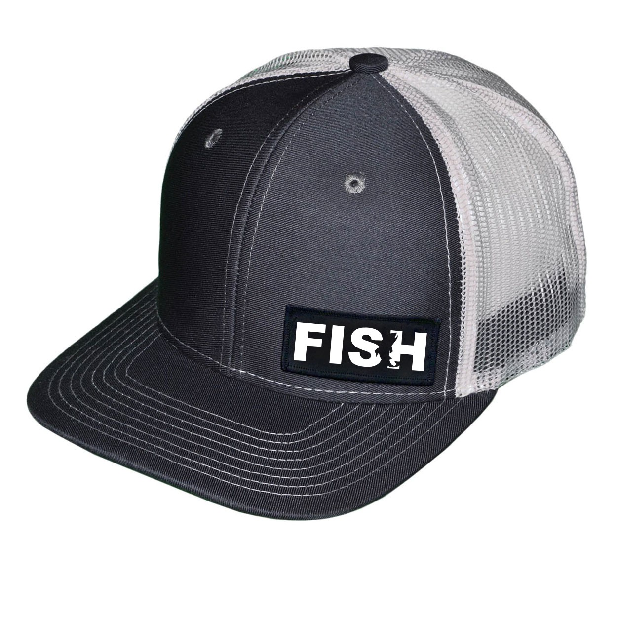 Fish Catch Logo Night Out Woven Patch Snapback Trucker Hat Gray/White (White Logo)
