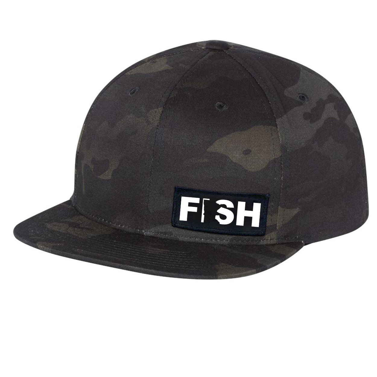 Fish Minnesota Night Out Woven Patch Flat Brim Snapback Hat Black Camo (White Logo)