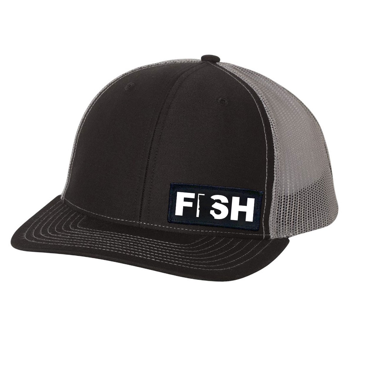 Fish Minnesota Night Out Woven Patch Snapback Trucker Hat Black/Gray (White Logo)