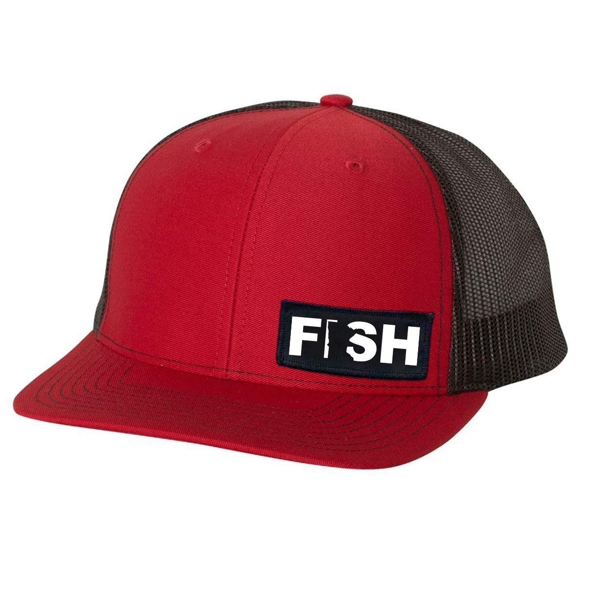 Fish Minnesota Night Out Woven Patch Snapback Trucker Hat Red/Black (White Logo)